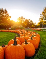 Row of pumpkins at sunset