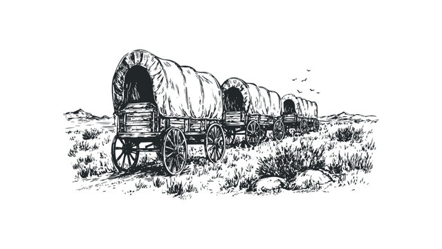 Conestoga wagon caravan travelling through dry landscape, image. Vector hand drawn illustration