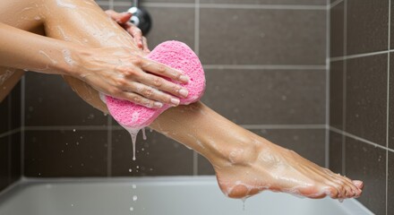 Woman Washing Legs with Sponge in Shower – Hygiene, Skincare and Self-Care Concept
