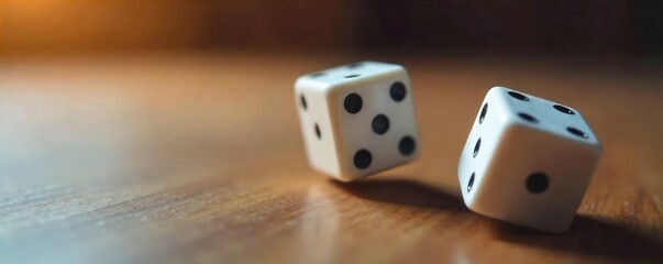 Close-up shot of a pair of six-sided dice rolling across a wooden surface, capturing the blur of motion and the random nature of chance ,  probability,  result