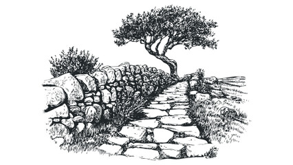 Stylized ink drawing of a stone path winding by a wall and under a lone tree. Vector hand drawn illustration