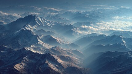 Majestic alpine landscape captured in an aerial view on a foggy morning