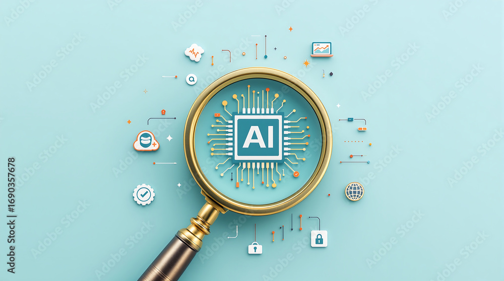 Poster ai artificial intelligence machine learning concept with magnifying glass and technology icons