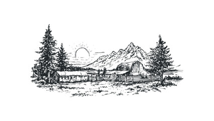 Vintage sketch of mountain barn with trees and sun on transparent background. Vector hand drawn illustration