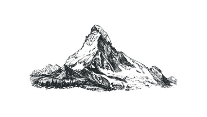 Pencil sketch of snow covered mountain peaks and pine forest. Vector hand drawn illustration