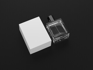 A clear glass perfume bottle with Box and black cap, standing on a light-colored surface with shadows. Illustrator Vector. 
