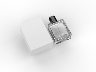 A clear glass perfume bottle with Box and black cap, standing on a light-colored surface with shadows. Illustrator Vector. 