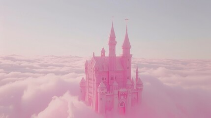 Obraz premium Majestic floating castle gracefully hovering above a vibrant pink sky during a stunning sunset