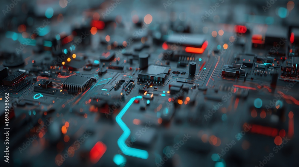 Poster an intricate, macro view reveals a complex network of electronic components, illuminated with vibran