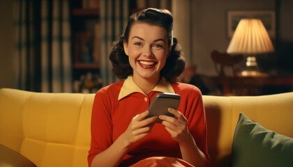 Smiling young woman in retro attire using smartphone while sitting on colorful couch in a cozy living room setting
