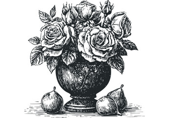 Obraz premium Black and white line art of a floral arrangement with roses and fruit. Vector hand drawn illustration
