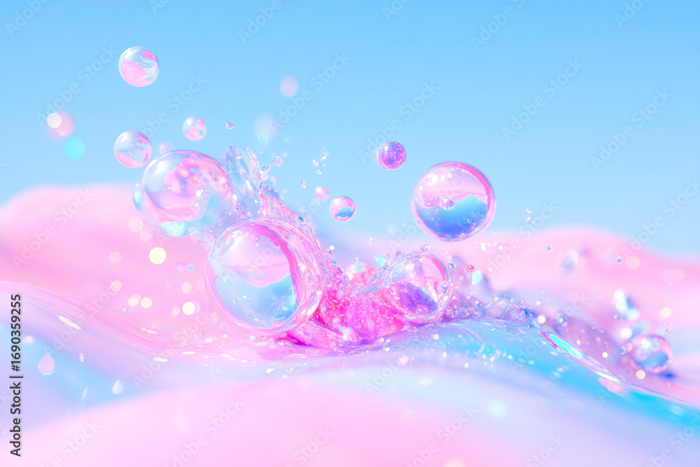 Poster a captivating abstract image of glossy chrome bubbles hovering over a serene