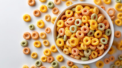 Bright, colorful cereal scattered or in a bowl on a clean white background, highlighting vibrant colors, crunchy texture, and playful appeal.