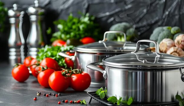 set of non-sticky aluminum Cookware on grey table
