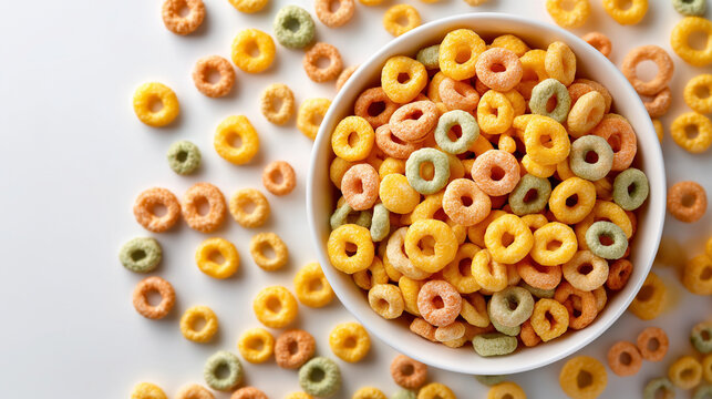 
Bright, colorful cereal scattered or in a bowl on a clean white background, highlighting vibrant colors, crunchy texture, and playful appeal.