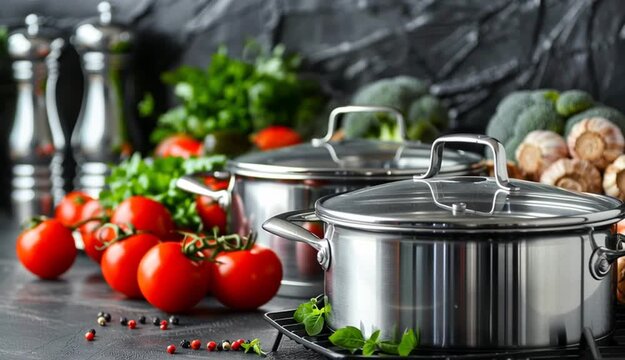 set of non-sticky aluminum Cookware on grey table
