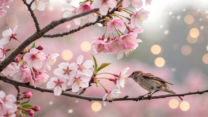 A small bird perches on a branch adorned with delicate pink cherry blossoms, with soft bokeh lights in the background, evoking a sense of spring