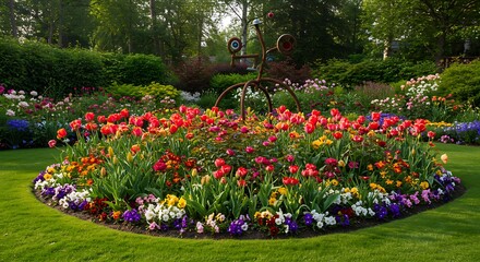 Obraz premium Vibrant Flower Bed in a Lush Garden Landscape.