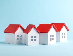 Row of small white houses with red roofs on a light blue background