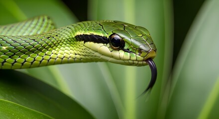 Fototapeta premium Stunning green snake with a forked tongue slithering through lush foliage in a vibrant tropical habitat, perfect for wildlife and nature projects