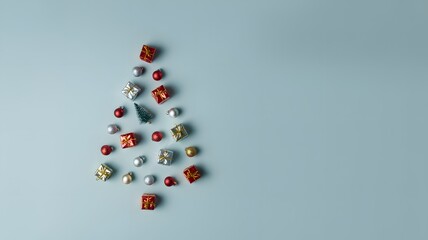 Christmas tree shape made from colorful small gift boxes and ornaments on a pale blue background