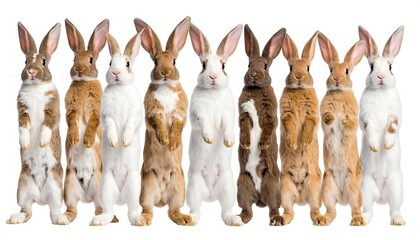 Row of standing rabbits, various colors