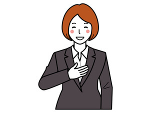 チャコールスーツ。お任せくださいと胸に手を当てる女性