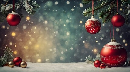 Red and gold Christmas ornaments hanging from snowy pine branches with sparkling bokeh lights in the background—capturing the cozy charm and elegance of the holiday season in a winter wonderland