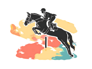 Equestrian jumping horse and rider with artistic colorful background silhouette isolated on a transparent background