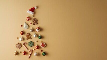 Festive christmas tree shape created from gingerbread cookies ornaments and candy canes on a warm tan background with copy space