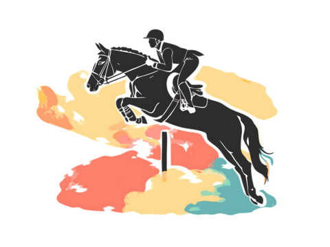 Equestrian jumping horse and rider with artistic colorful background silhouette isolated on a transparent background