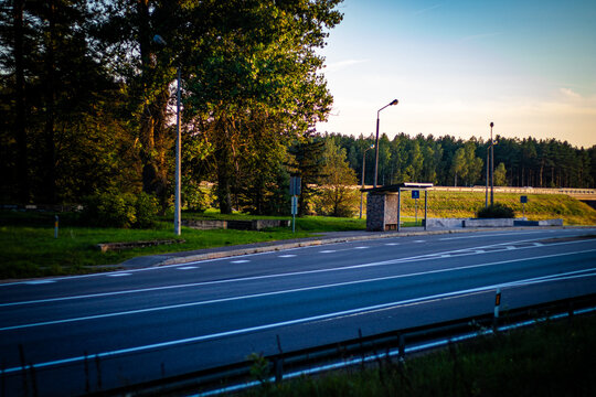 A quiet countryside bus stop sits alone beside a multi-lane highway, surrounded by trees and lit by golden sunset light. - Powered by Adobe