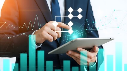 Businessman interacting with digital tablet displaying financial data and graphs