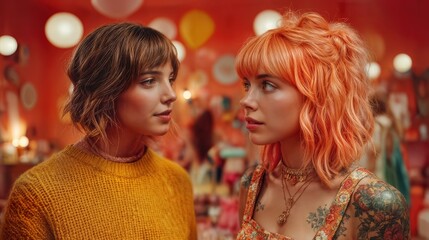 Two beautiful young women facing each other and looking. They are with different hair color, different outfits, and each of them expresses a different attitude
