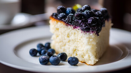 Slice of cheesecake with blueberries and blueberry jam topping on white plate