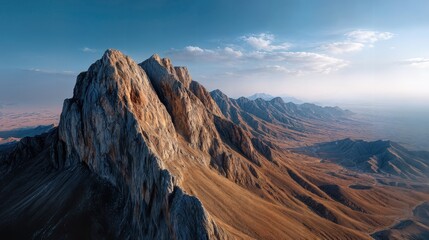 Naklejka premium Majestic mountain range against a clear blue sky, with rugged peaks and valleys. The landscape exhibits a sense of scale and grandeur