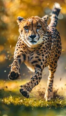 Fototapeta premium Cheetah sprinting swiftly across vast grasslands, showcasing its incredible speed and agility