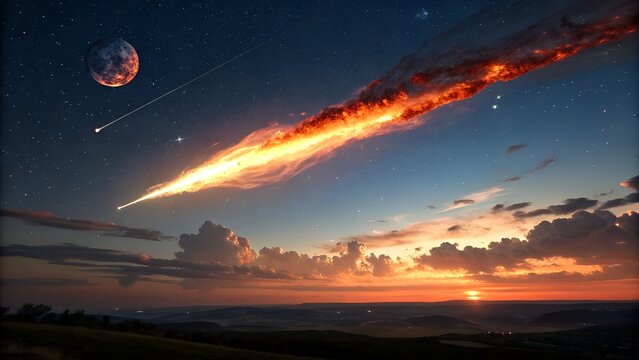 Celestial Impact – Fiery Meteor and Sunset Sky with Earth-like Planet, Space, Conceptual, Surreal, Nature, Atmospheric, Cosmic Event