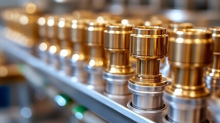 Brass fittings Precision metalwork at a manufacturing plant with shiny gold row.