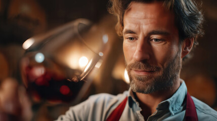 A man is enjoying a glass of red wine. He is holding the glass, and looking at the wine thoughtfully.