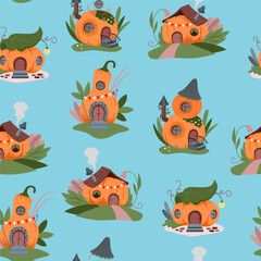 Сute fairy pumpkin house seamless pattern. Halloween fantasy pumpkin on blue background. Autumn vector print fabric, packaging, paper, wallpaper.