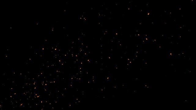 Glowing orange embers floating gently on dark black background. Abstract fire bokeh on smoke background 4k. Particles flying in wind on fire background Animation, Seamless loop. Sparks on a black.