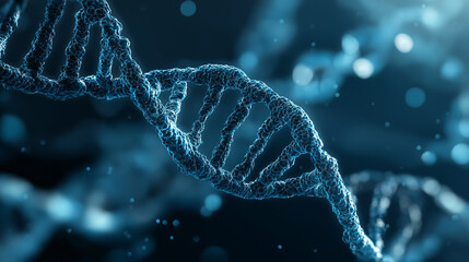 Blue DNA helix glowing against a futuristic science background, with molecular particles, soft light waves, and a high-tech laboratory feel.