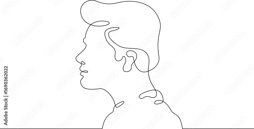 Poster continuous one line drawing male profile. portrait of a man. ink line. line art.one continuous line 