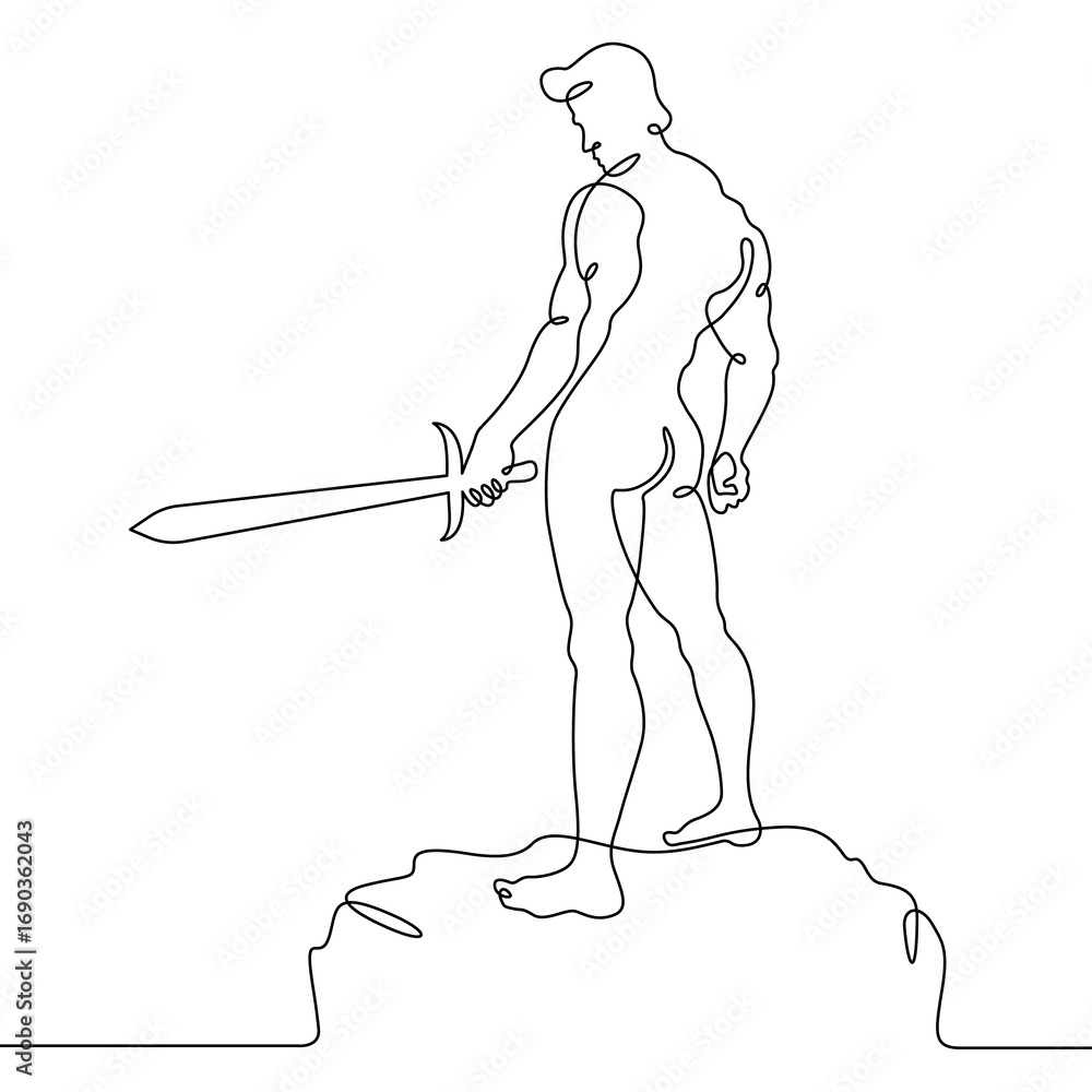 Poster continuous one line drawing muscular man with a sword in his hand. silhouette of a warrior. one cont