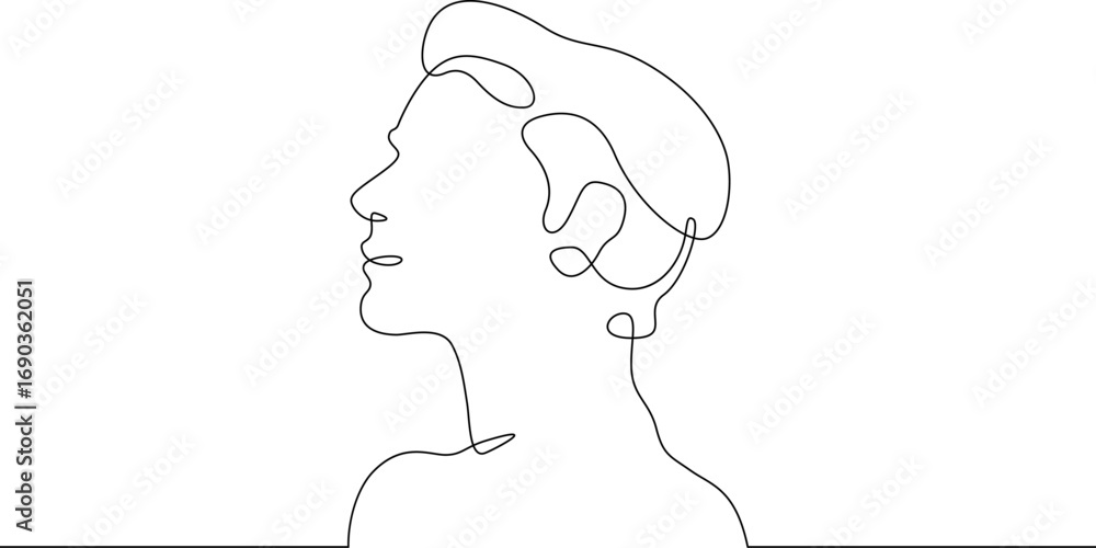Poster continuous one line drawing male profile. portrait of a man. ink line. line art.one continuous line 