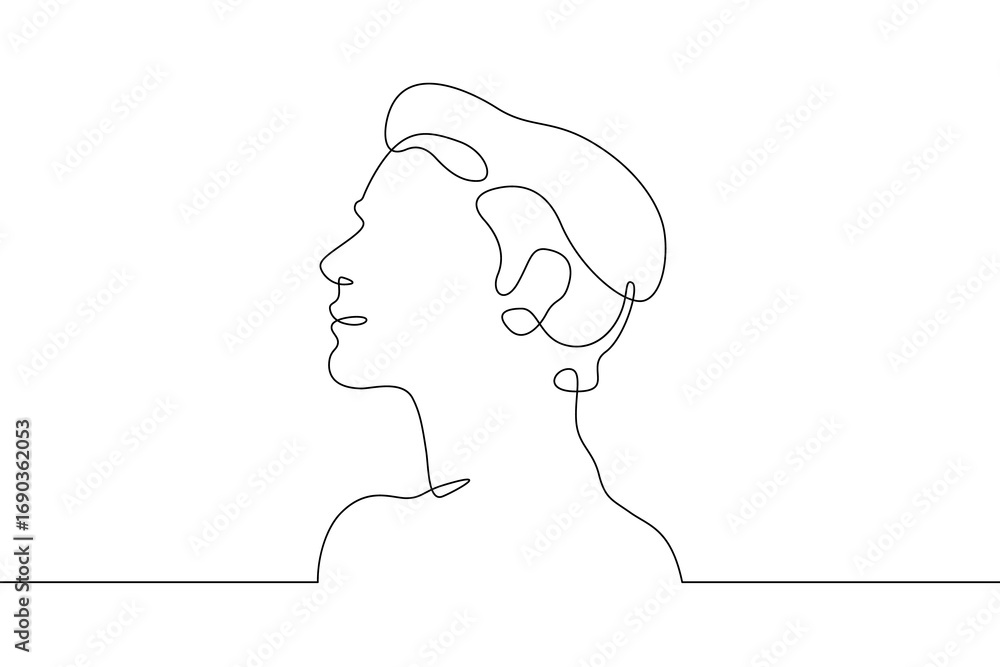 Poster continuous one line drawing male profile. portrait of a man. ink line. line art.one continuous line 
