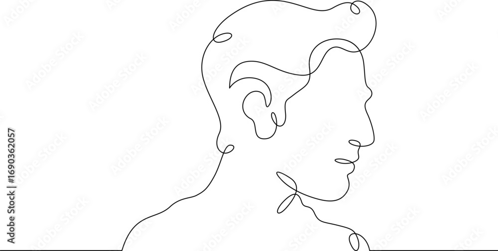 Poster continuous one line drawing male profile. portrait of a man. ink line. line art.one continuous line 