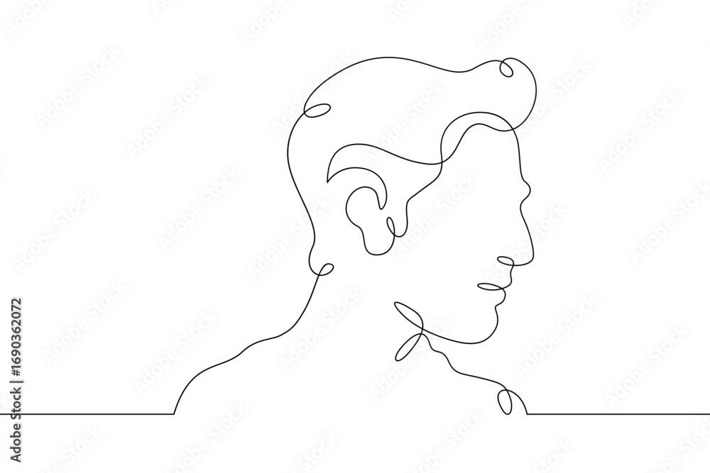 Poster continuous one line drawing male profile. portrait of a man. ink line. line art.one continuous line 