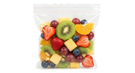 A clear plastic bag filled with an assortment of colorful fruits including strawberries kiwi oranges pineapple grapes and blueberries